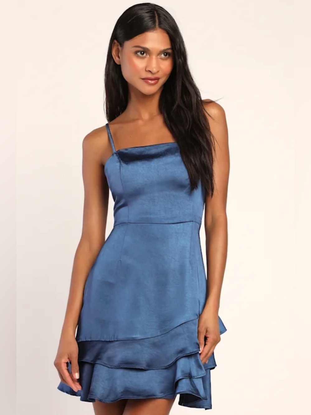 Lulus - Dreams Come True Navy Blue Satin Ruffled Mini Dress